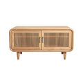 Mid-Century Modern Wooden TV Stand with Slatted Doors