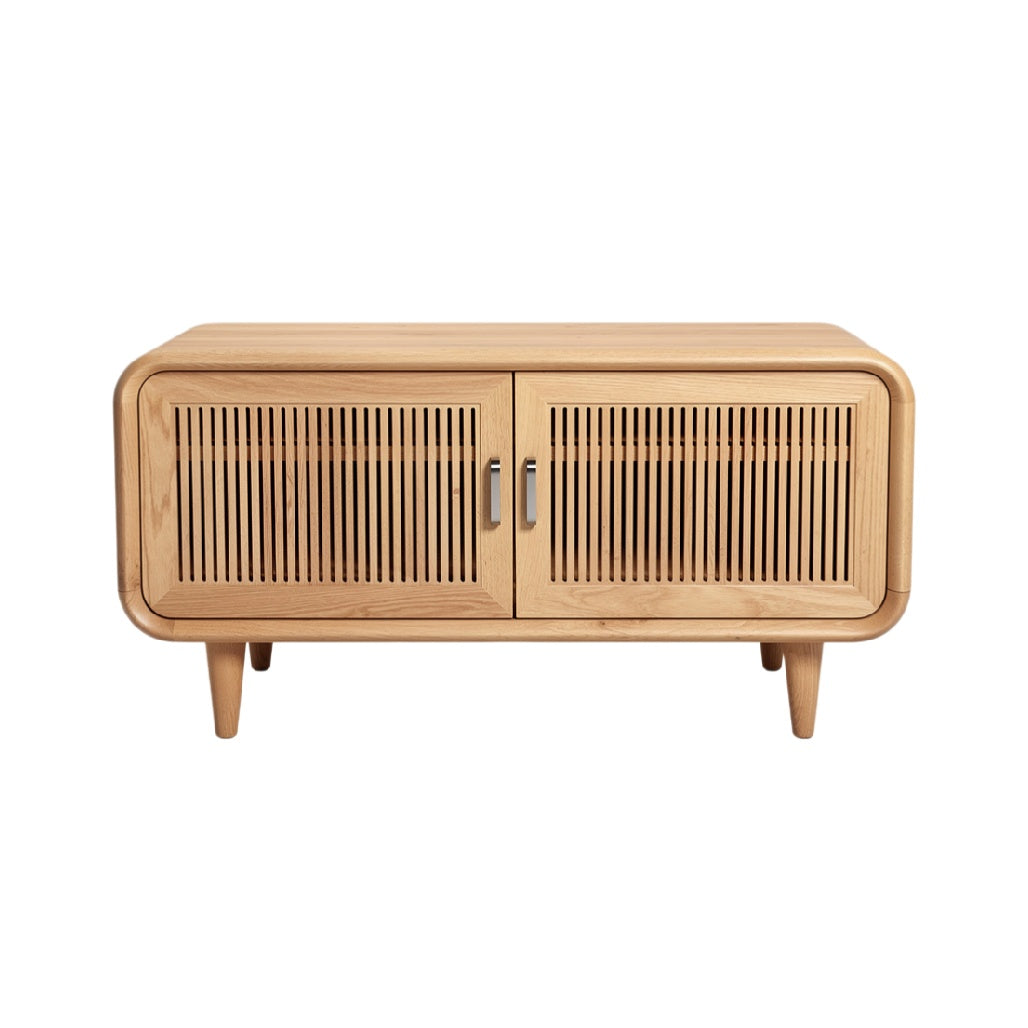 Mid-Century Modern Wooden TV Stand with Slatted Doors